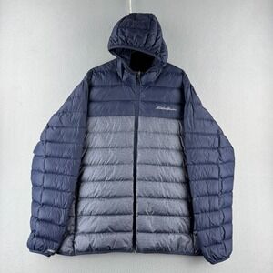 Eddie Bauer 650 Down Jacket Mens 2XL Blue Hooded Puffer Jacket Full Zip